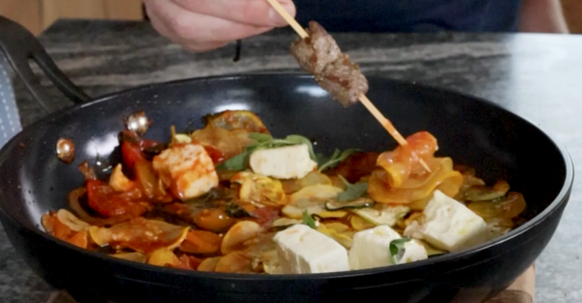 Seared Lamb Backstrap Skewers, with Baked Feta and Summer Veg